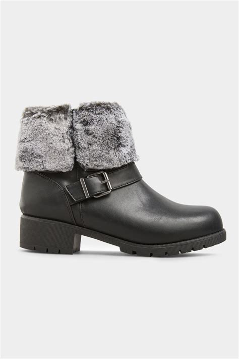 Black Faux Fur Cuff Ankle Boots In Extra Wide Fit Yours Clothing