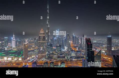 Aerial view of tallest towers in Dubai Downtown skyline and highway ...