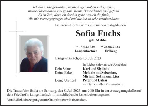 Traueranzeigen von Sofia Fuchs Allgäuer Zeitung