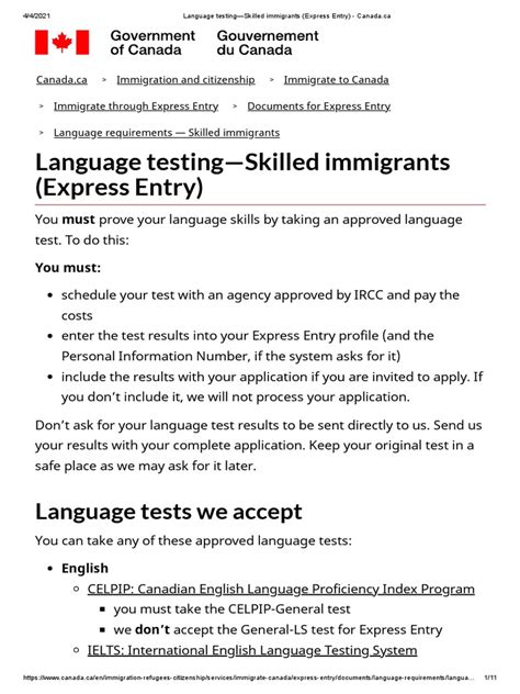 Language Testing Skilled Immigrants Express Entry Canada Ca Pdf