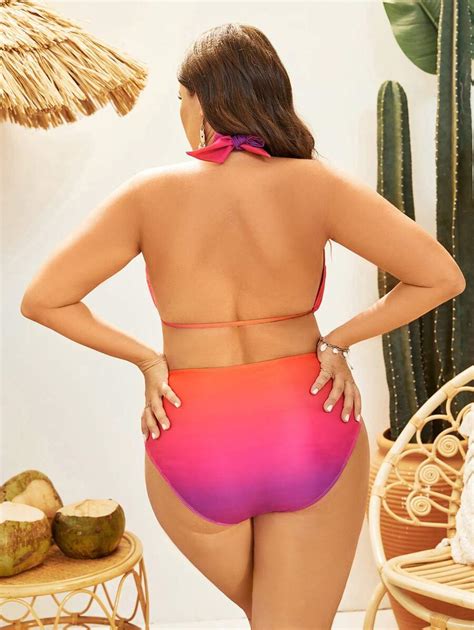 SHEIN Swim Vcay Plus Size Tie Front Ombre Bikini Set With Swim Skirt