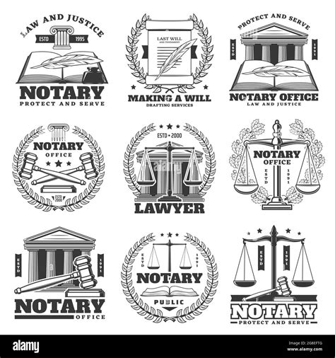 Notary Office Lawyer And Law Firm Icons Monochrome Vector Emblems