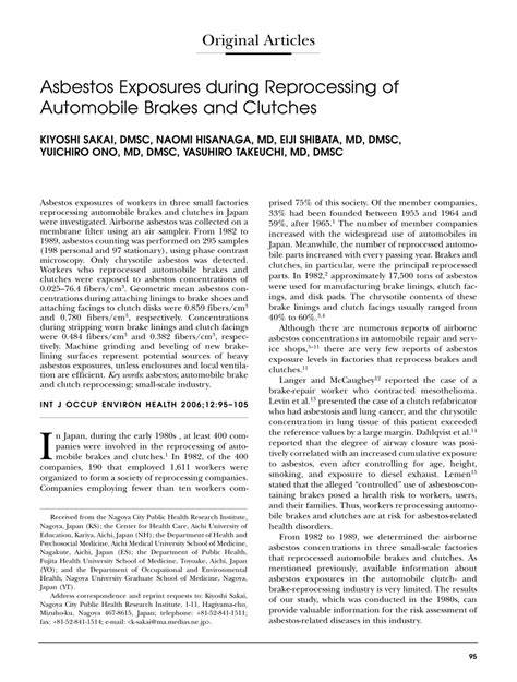 Pdf Asbestos Exposures During Reprocessing Of Automobile Brakes And