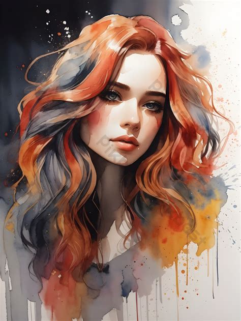 Long Hair Watercolor Woman Portrait Splatter Illustration Drawing PNG ...