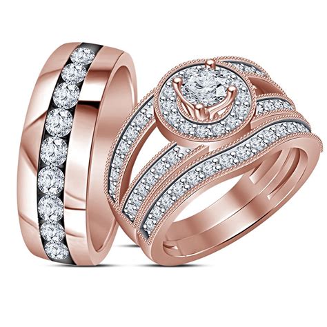 His And Her Diamond Engagement Ring Trio Set 14k Rose Gold Plated Pure 925 Silver Diamond