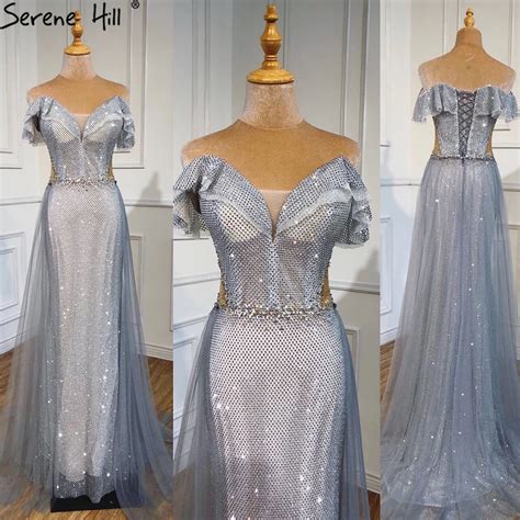 Serene Hill Silver Detachable Train Evening Dresses Gowns 2021 Luxury