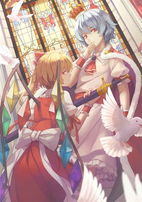 Safebooru 2girls Bat Wings Bird Blonde Hair Cape Crown Dove Flandre