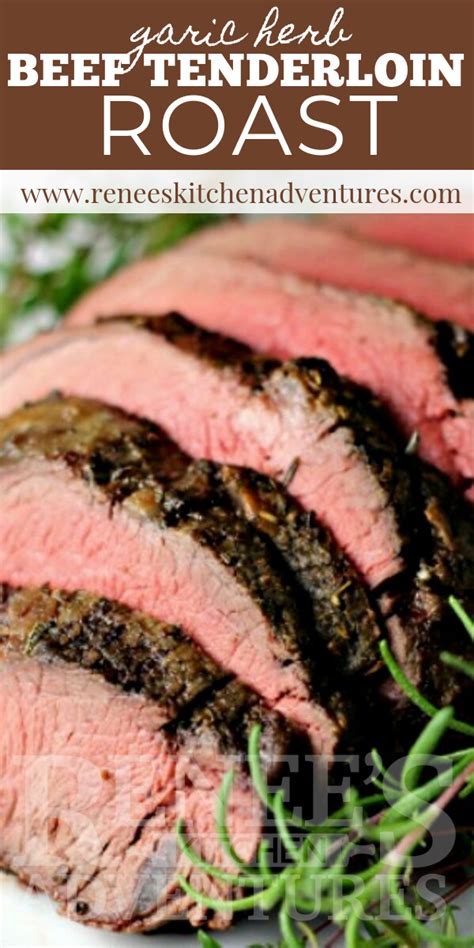 Sliced Beef Tender Roast On A White Plate With Green Garnish And Text