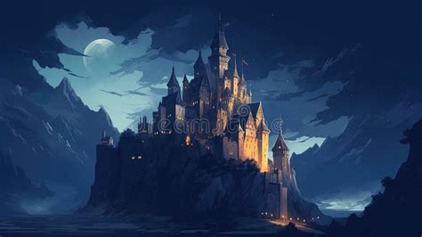 Enchanted Castle at Night. Fantasy Concept , Illustration Painting ...