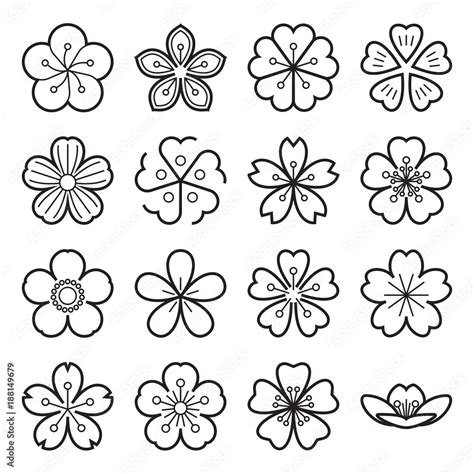 Vecteur Stock Sakura Icons Collection Of 16 Linear Japanese Cherry