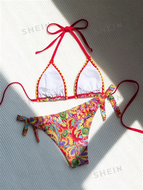 Shein Swim Bohofeel Floral Print Halter Triangle Bikini Swimsuit Shein Uk