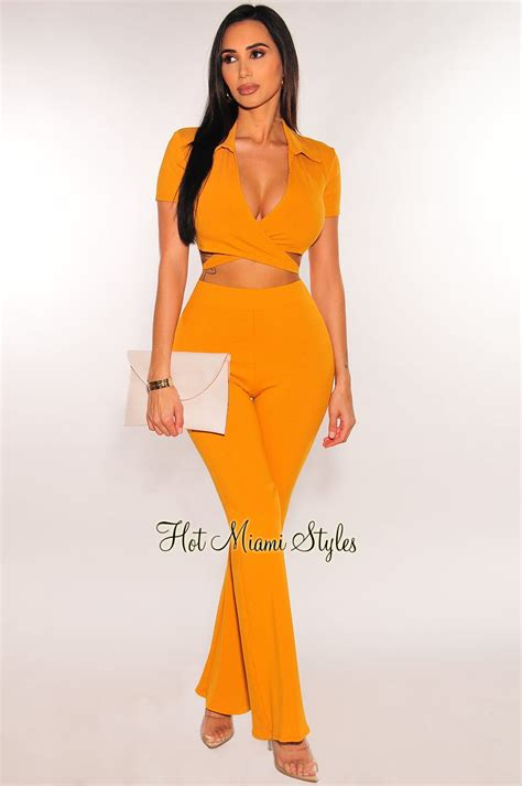 Honey Ribbed Collared Wrap Crop Top Palazzo Pants Two Piece Set Hot