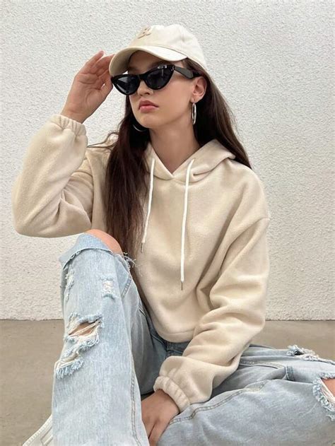 Drop Shoulder Drawstring Crop Hoodie Shein Usa