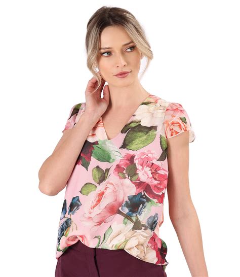 Elegant Veil Blouse Printed With Floral Motifs Pink Yokko