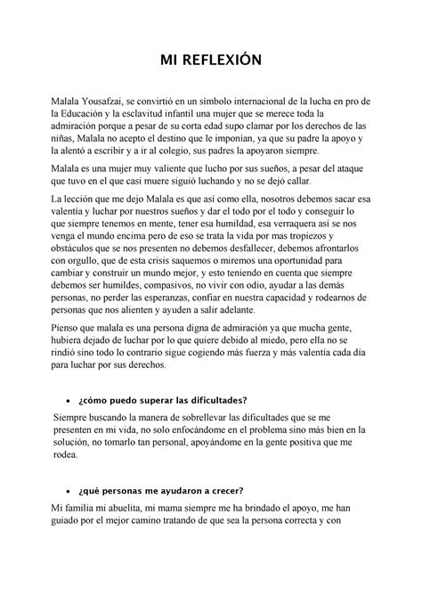 Taller DE Reflexión DEL CASO Malala MI REFLEXIÓN Malala Yousafzai se