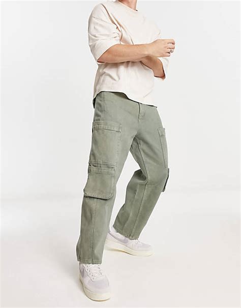 Asos Design Oversized Tapered Cargo Pants In Washed Green Asos