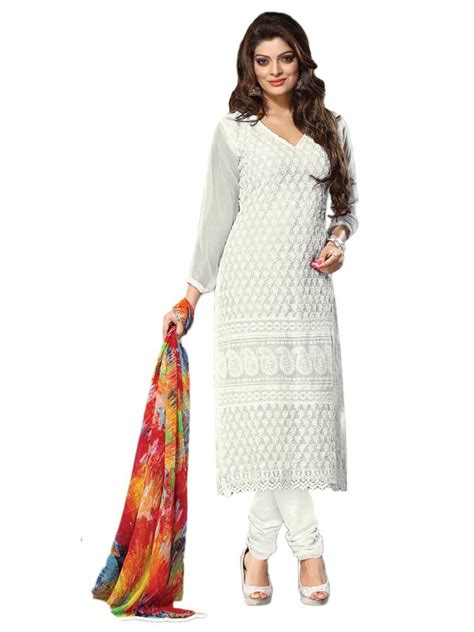 Buy Off White Embroidered Chiffon Unstitched Salwar With Dupatta Online