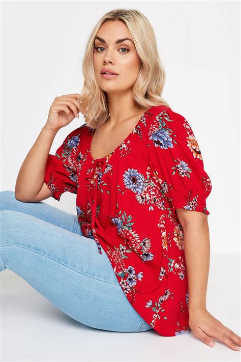 Yours Plus Size Red Floral Print Tie Neck Top Yours Clothing