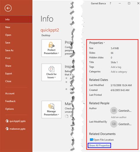 Properties Of A Presentation In Powerpoint 2016 For Windows