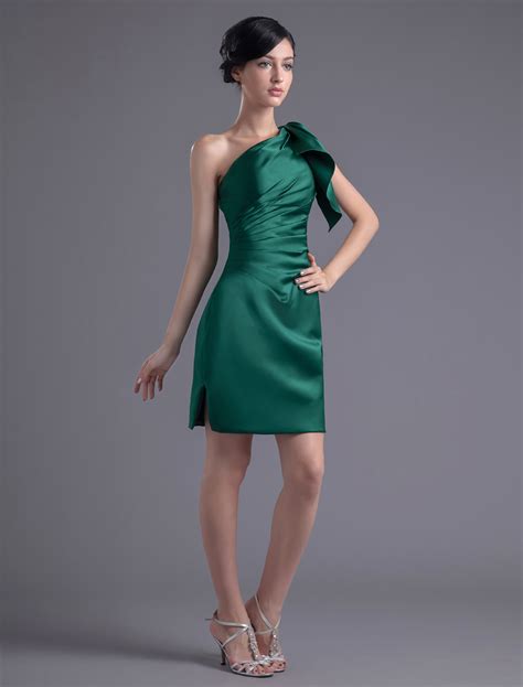 Short One Shoulder Sheath Ruched Satin Dark Green Bridesmaid Dress