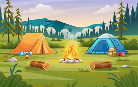 Premium Vector Nature Camp Landscape With Tents Campfire Backpack And