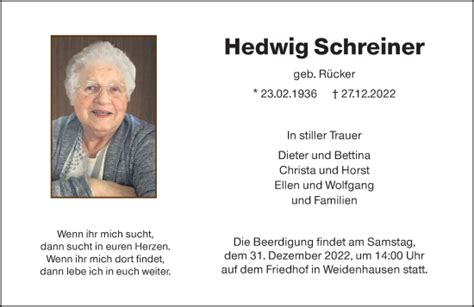 Traueranzeigen Von Hedwig Schreiner Vrm Trauer De