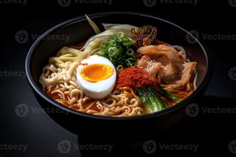 Haut vue ramens traditionnel coréen ramen soupe avec Kimchi coréen