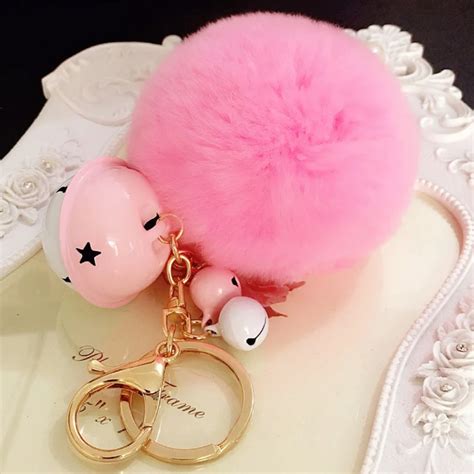 Women Cute Keychain Handmade Round Faux Rabbit Fur Ball Key Chain With