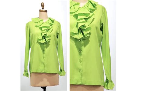 Lime Cordial Blouse 1970s Green Blouse 70s Ruffled Top Size