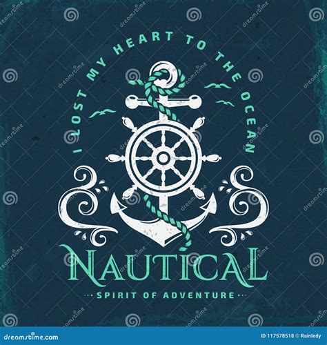 Nautical Emblem With Anchor Steering Wheel And Waves Stock Vector