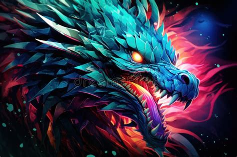 Fantasy Neon Dragon Fantasy Dragon Head With Glowing Eyes Stock Image