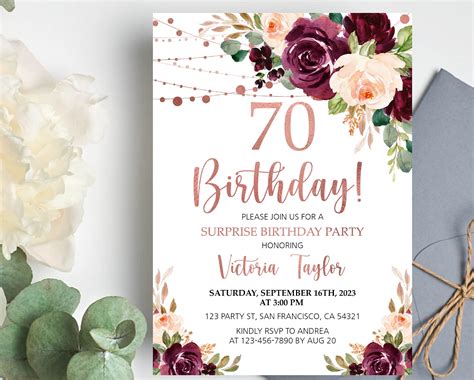 Editable 70th Birthday Invitation For Women Floral Surprise Birthday