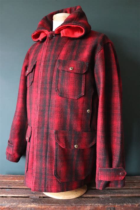 Vintage S S Red Plaid Hooded Woolrich Buffalo Plaid Wool Hunting