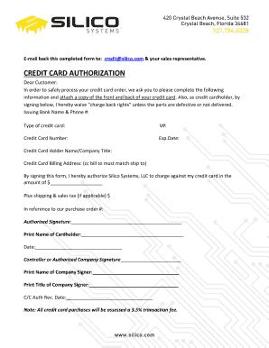 Fillable Online CREDIT CARD AUTHORIZATION Silico Fax Email Print