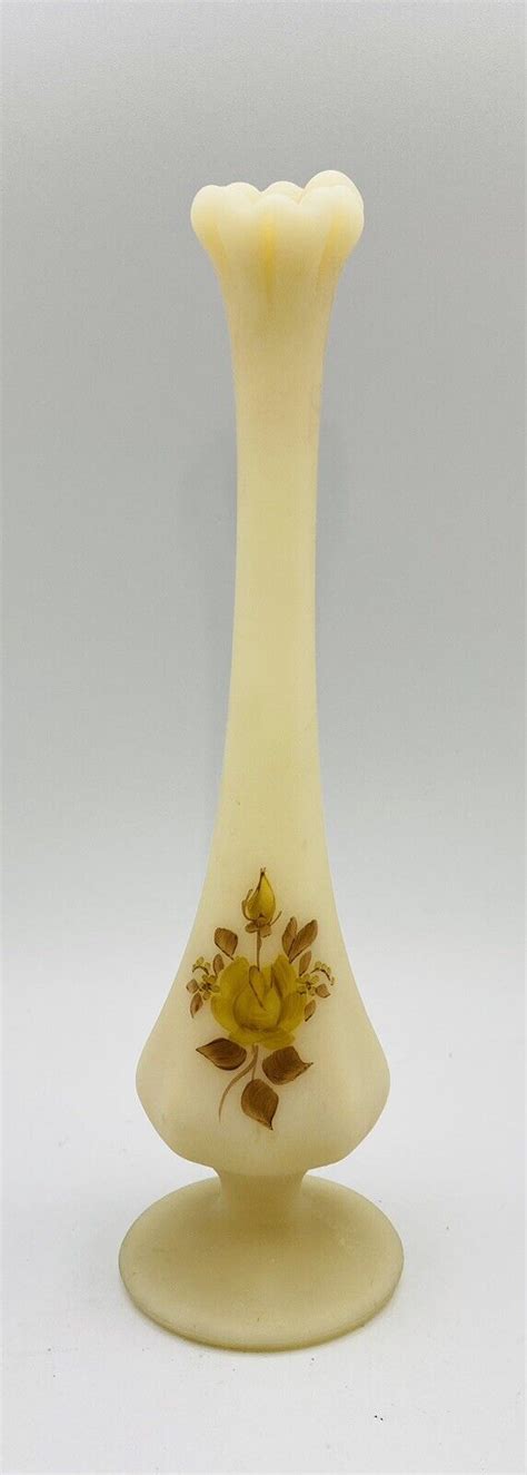 Vintage Hand Painted Fenton Satin Custard Glass Swung Bud Vase Floral Signed Ebay