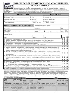 Fillable Online Co Tillamook Or Flu Consent Form Tillamook County