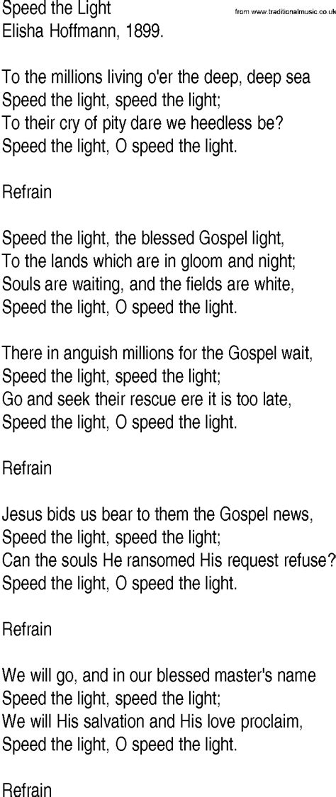 Hymn and Gospel Song Lyrics for Speed the Light by Elisha Hoffmann