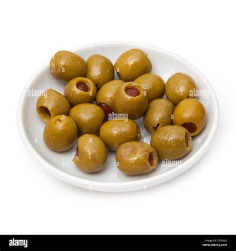 Plate Of Tapas Pimento Stuffed Olives Isolated On A White Studio