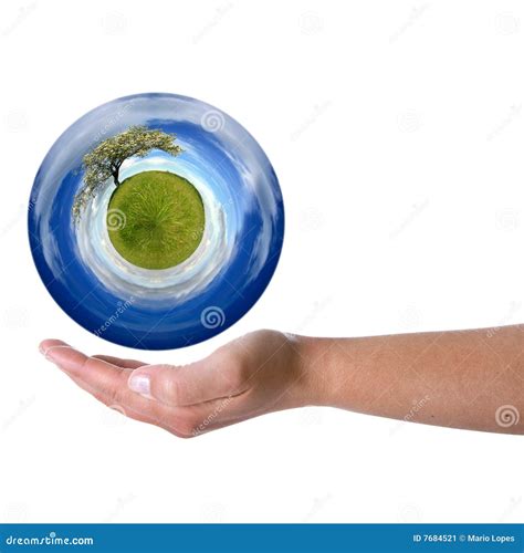 Woman Hand Holding Sphere With Spring Landscape Stock Image Image Of