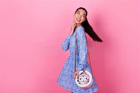 Profile Photo Of Sweet Brunette Millennial Lady Turn Look Promo Wear Blue Dress Cross Body Bag