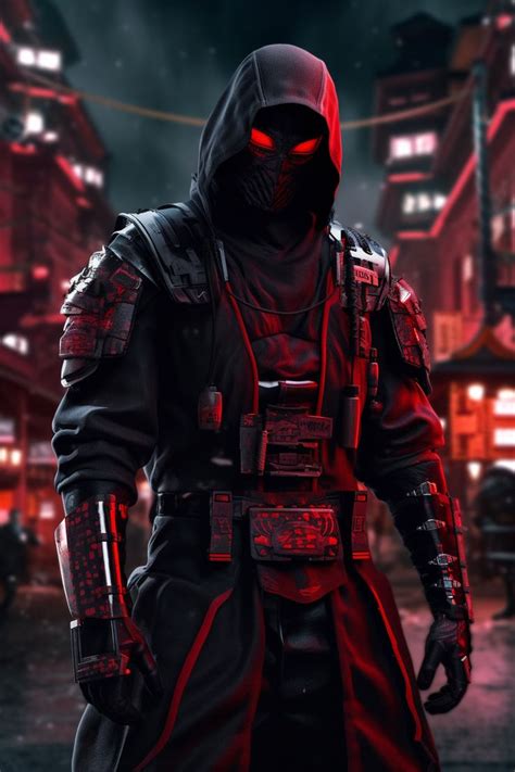 A Man In A Red Mask And Black Outfit Standing On A Street At Night With