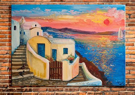 Santorini Landscape Sunset Oil Painting Greek Island On Canvas Etsy