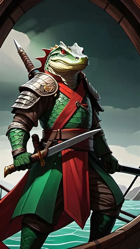 A Green Lizardfolk Alligator Samurai With Glowing Am