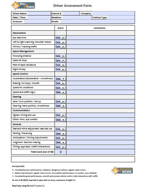 Driver Assessment Form Fillable Road Safety At Work