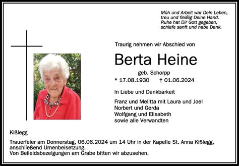 Traueranzeigen Von Berta Heine Schwaebische De Trauerportal