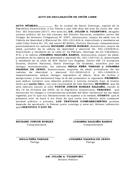 Acto De Declaración De Unión Libre República Dominicana