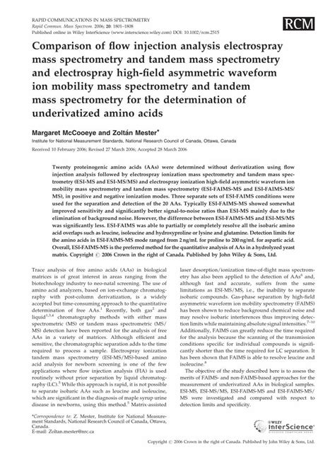 Pdf Comparison Of Flow Injection Analysis Electrospray Mass Spectrometry And Tandem Mass