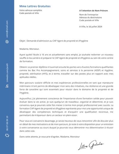 Lettre de motivation CAP Agent de propreté et d hygiène