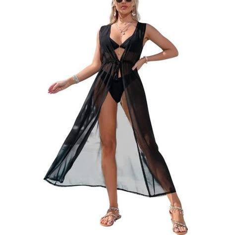 Minetom Robe D Collet Sans Manches Cache Maillots De Bain Bikini Courte Femme Filet Mailles