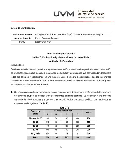 Actividad Probabilidad Y Estadistica Probabilidad Uvm Studocu